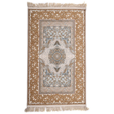 Tapis oriental en soie brun clair / ivoire 2 pi 11 po x 4 pi 11 po Oriental