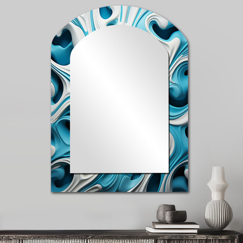 Op Op Blue and White Focus - miroir mural arqué Op Art, miroir décoratif asymétrique bleu, 34 po x 25 po