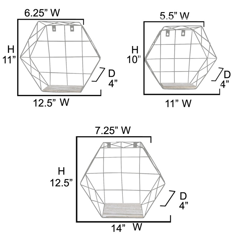 Ensemble de 3 tablettes suspendues Murray, tablette murale décorative, tablettes flottantes hexagonales, géométrique