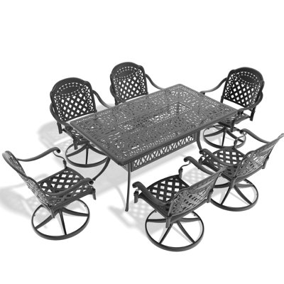 All-weather 7 Cast Aluminum Dining - 6 Swivel Chairs & Rectangular Black Table, Attractive Carving Ornaments, Excellent Weather Resistance, Comfortable Seating Arrangement, 360-degree Feature,