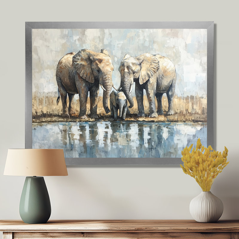«Gumbs Elephant Family At The Watering Hole II», art mural éléphant, H 16 po x l 32 po, Argent