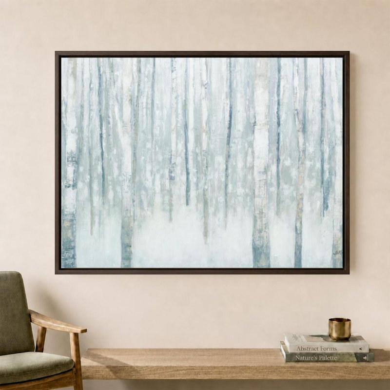 «Birches in Winter Blue Gray» par Julia Purinton - impression sur toile, H 36 po x l 48 po, Cadre plat flottant, Brun