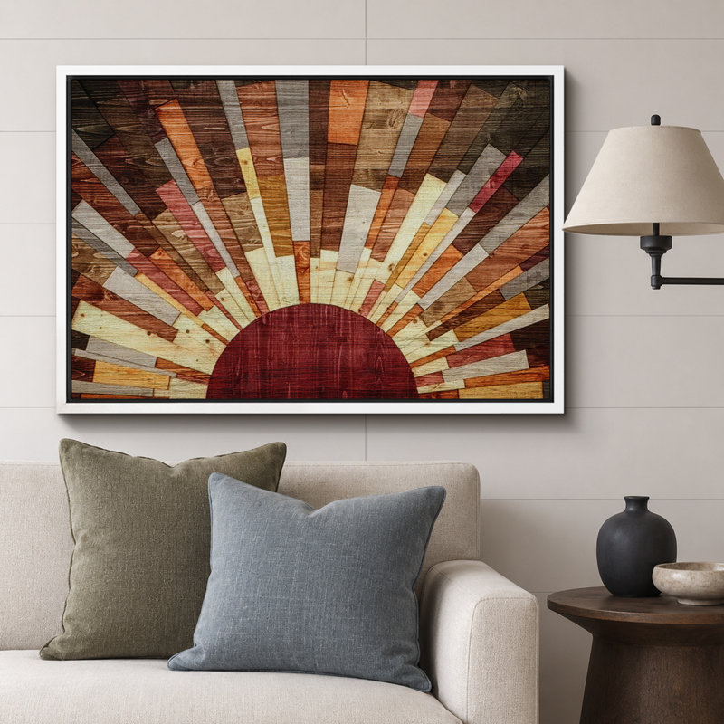 «Western Wood Effect Landscape Brown Sun Rays», impression rustique sur toile encadrée, H 24 po x l 36 po, Blanc