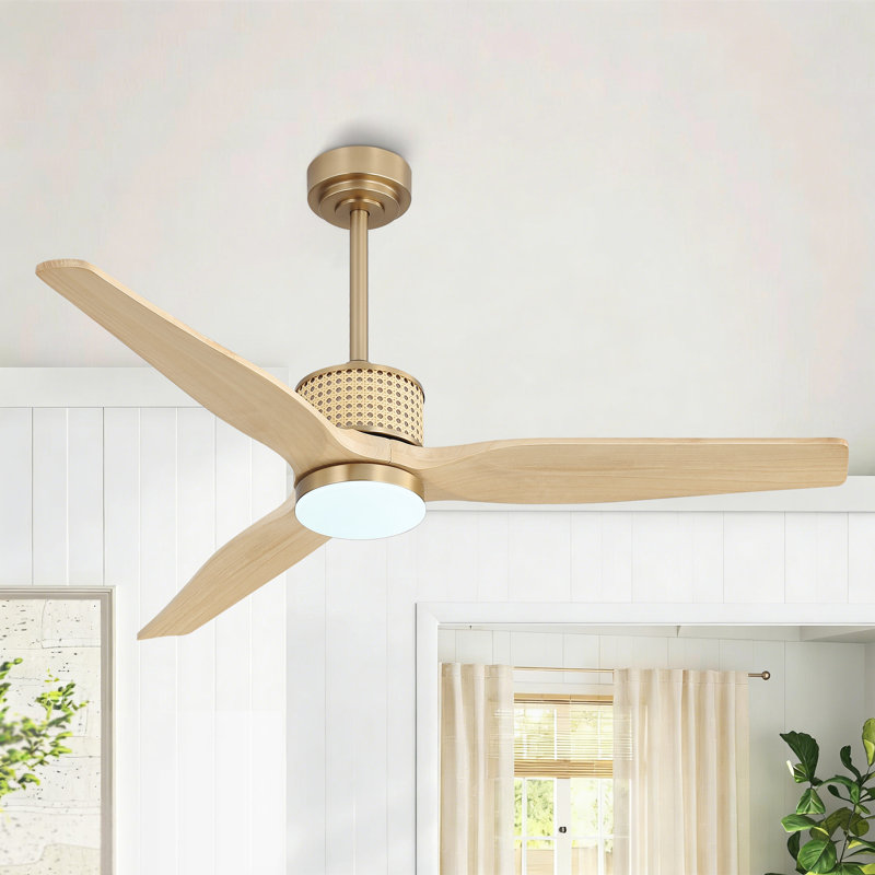 52 po Ventilateur de plafond 3 pales en bois massif avec lumière DEL, Or avec pales à grain de bois