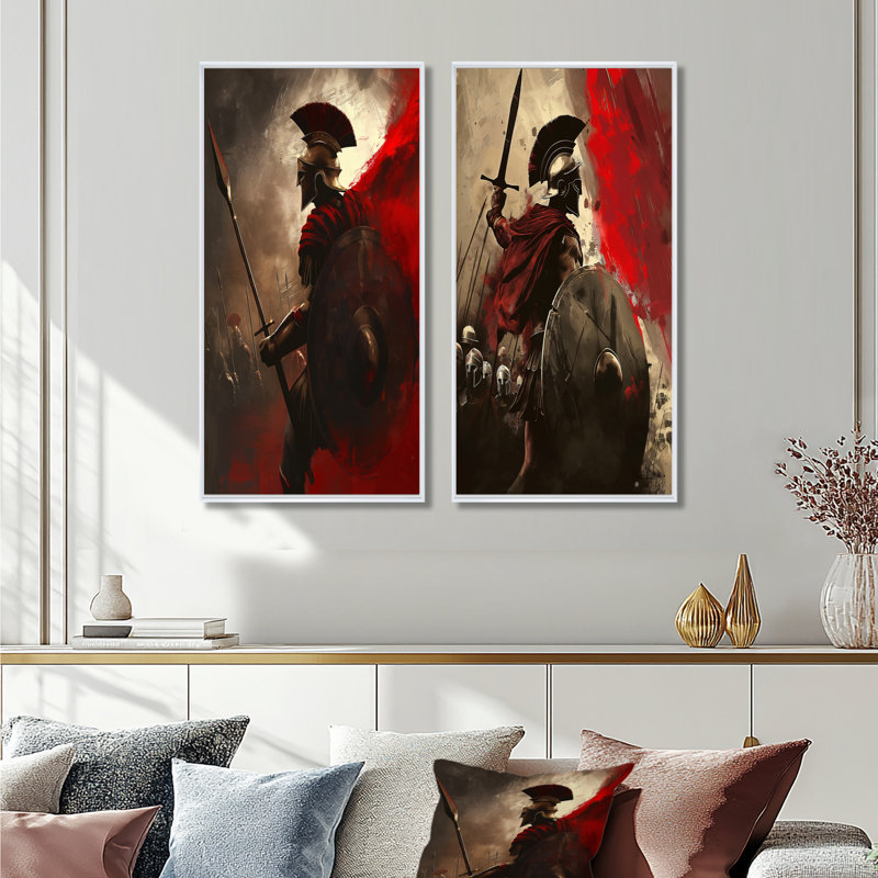 «Red 300 Spartan Warriors In Grèce I», ensemble d'art mural 2 pièces, H 28 po x l 24 po, Impression encadrée, Blanc