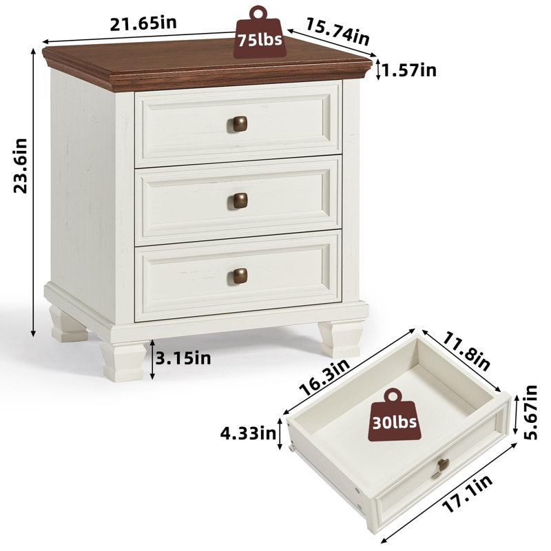 Farmhouse Nightstand with 3 Drawers, Rustic Couch End Table with 4 Square Solid Wood Legs, Mid-Century Modern Bed Side Table with Storage, Small Dresser for Bedroom, Living Room (White)