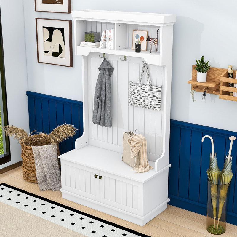 Multifunctional Hall Tree with Built-In Seating Bench, Cabinet and 3 Hooks, White