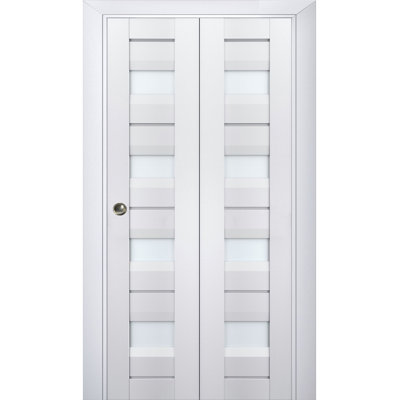 Sliding Closet Bi-fold Doors 42 x 96 Veregio 7455 White Silk with Frosted Glass Sturdy Tracks Moldings Trims Hardware Set Wood Solid Bedroom Wardrobe Doors
