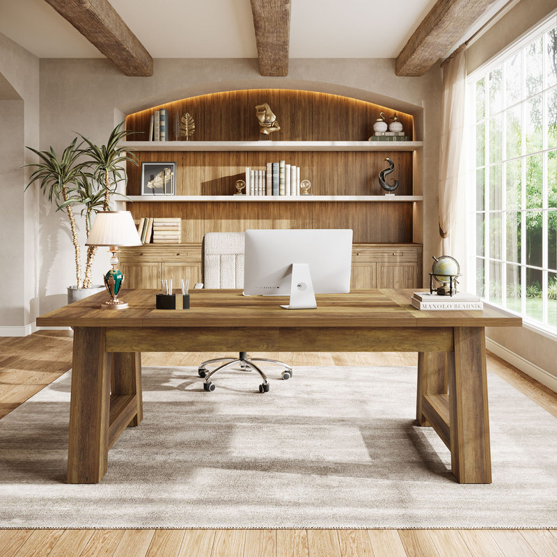 Modern Rustic Executive Desk, Long Computer Desk, Rustic Brown