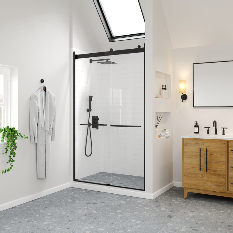 Eviva Orbit 48 In. W X 78 In. H Sliding Frameless Shower Door In Matte Black With Tempered Glass, Matte Black