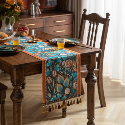 Teal and Terracotta Botanical Table Runner - 35 x 220cm
