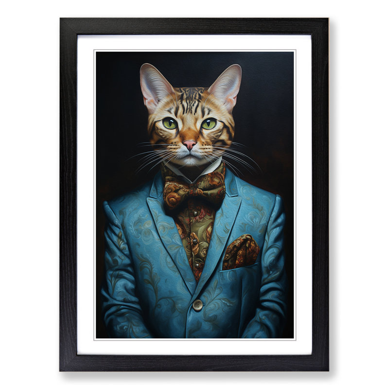 Bengal Cat in a Suit Painting - Framed Print, Black Framed, 46cm H x 34cm W