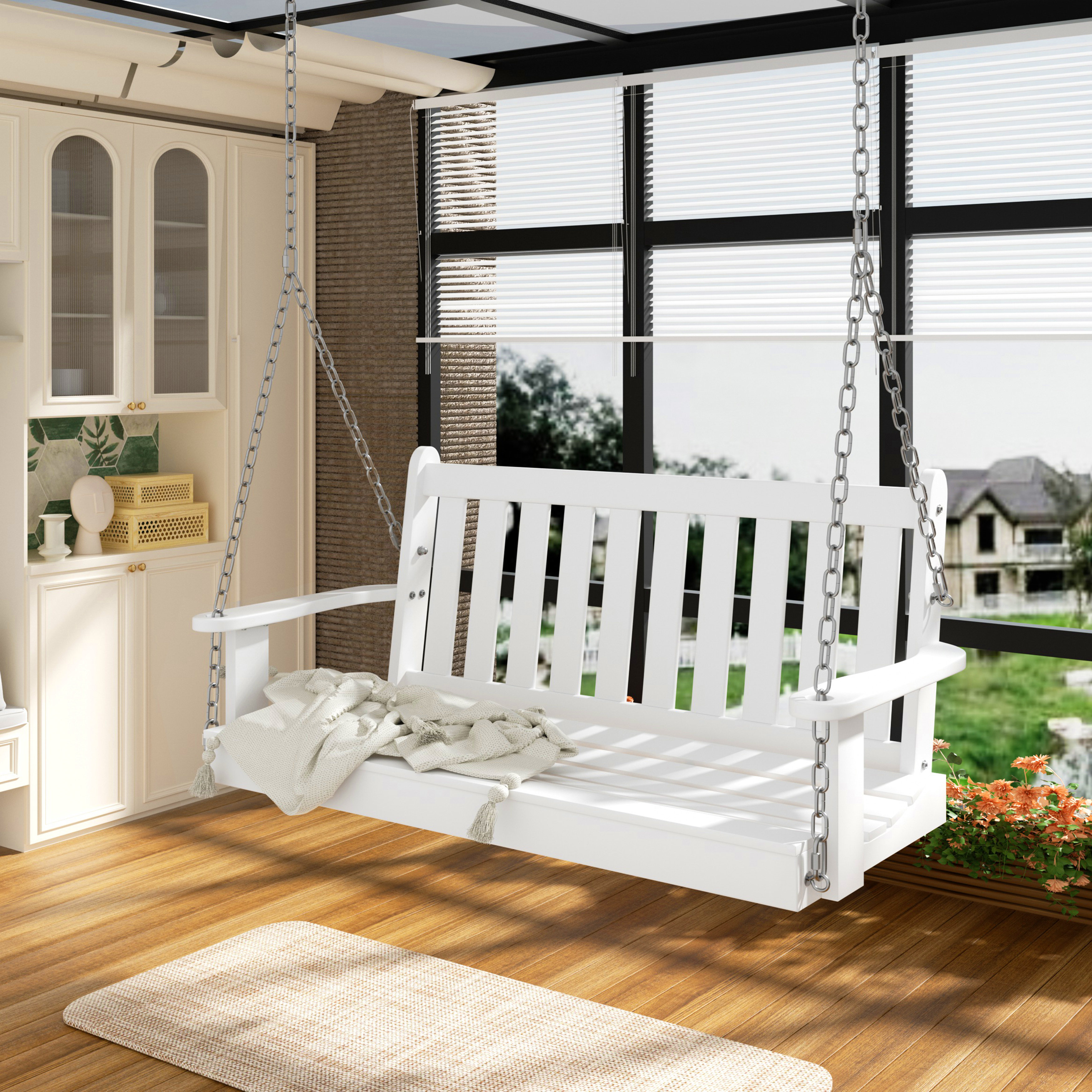 Ebern Designs Patio Porch Swing, 2-Seated Bench Swing With Hanging ...