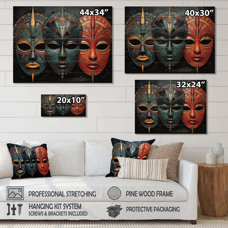 Impression de masques rouges rouges sur bois naturel III, H 24 po x l 32 po x P 0,78 po