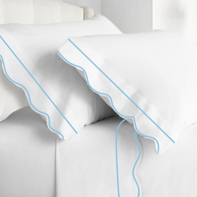 400TC Cotton Scallop Embroidery & Border Cotton 4 Piece Sheet Set Fitted Sheet Fits Upto 16" Deep Pocket, Light Blue Border