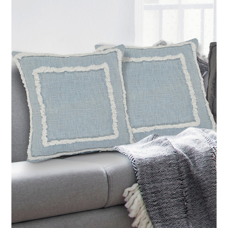 Casual Textured Border Cotton Pillow Set of 2, Sky Blue/White
