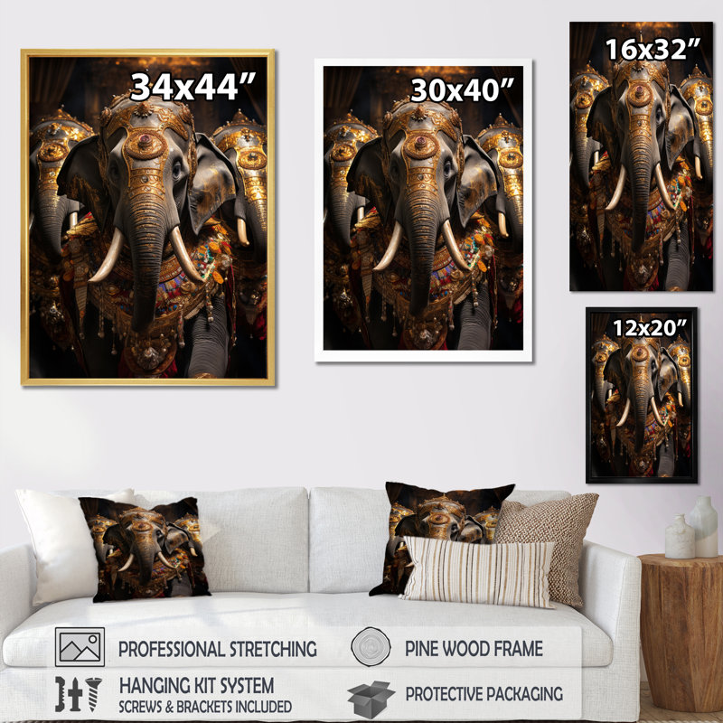 Art asiatique, éléphants thaïlandais sur toile, Cadre photo noir, H 20 po x l 12 po x P 1 po