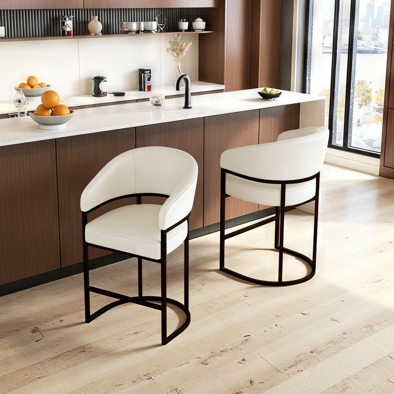 26" Counter Height Bar Stools,White PU Leather Black Metal Base, White Faux Leather, Black