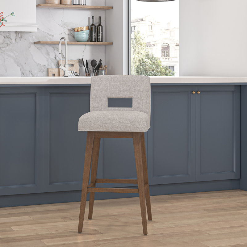 Villeneuve Wood Upholstered Key Back Adjustable Swivel Stool, Oatmeal Seat/Medium Brown Frame