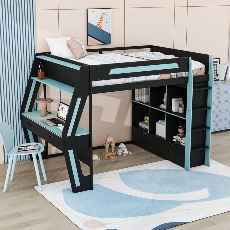 Lit mezzanine avec bureau, lumières DEL, ports de chargement USB, 6 casiers de rangement et 6 tiroirs, Black Blue