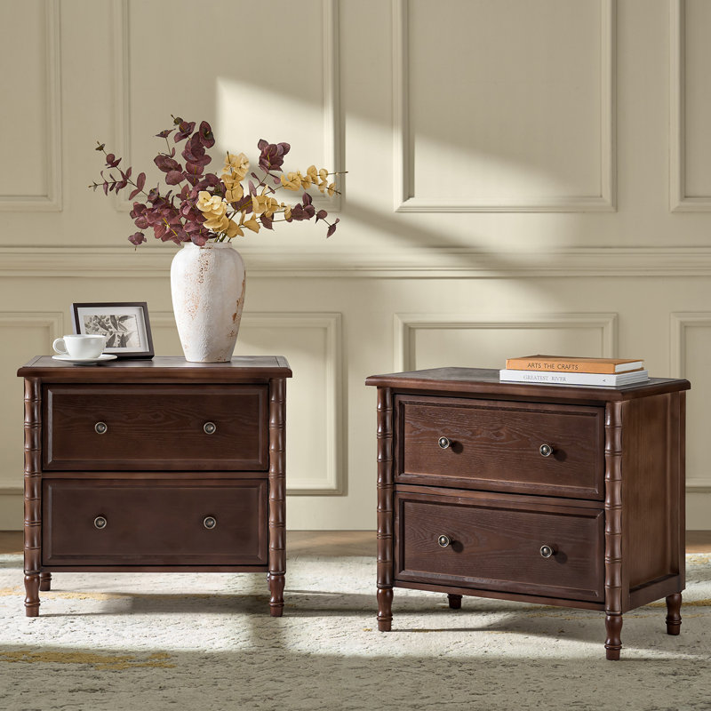 Lucious Transitional 26''W 2-Drawer Spindle End Table with Charging Station and Simple Assembly Set of 2, Walnut