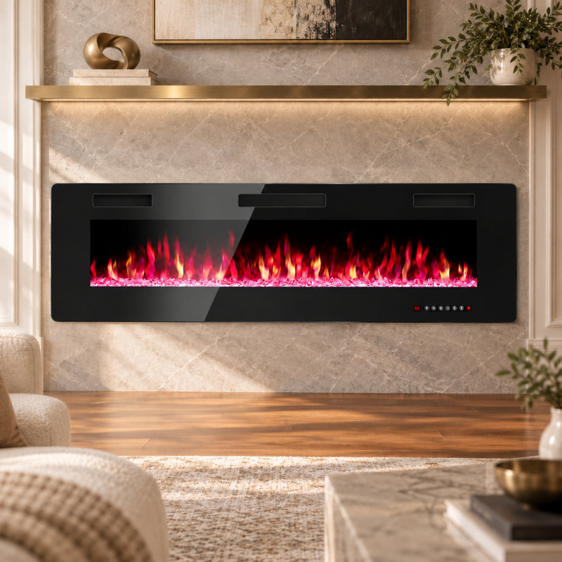 Thin Electric Fireplace, Wall Mounted & In-Wall Recessed Heater with Remote Control, 5100 BTU, 12-Color Flame & Crystal Bed Modes, Timer, Sleep Mode
