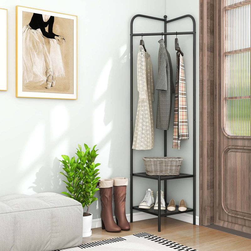 Ebern Designs Corner Coat Rack With Shelves Freestanding Hall Tree With Top Hanger White, Black