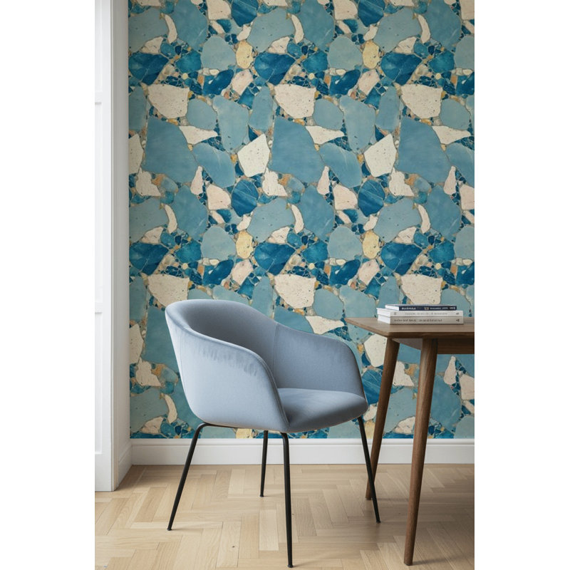 Papier peint terrazzo bleu, aspect mosaïque de pierre, Peler et coller