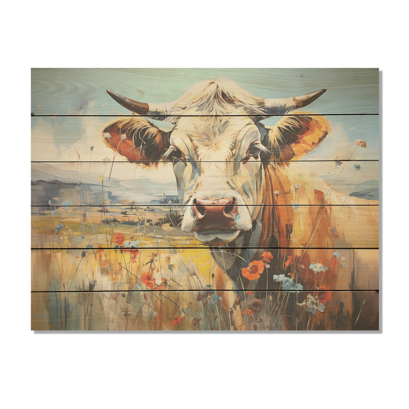 «Cow in Pastel Fields I» - Art mural en bois de vache sur bois de pin naturel, H 30 po x l 40 po
