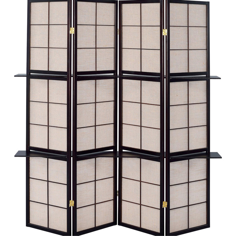 Cappuccino And Tan 4 Folding Decor Screen With Storage Options In Shelving For Practical
