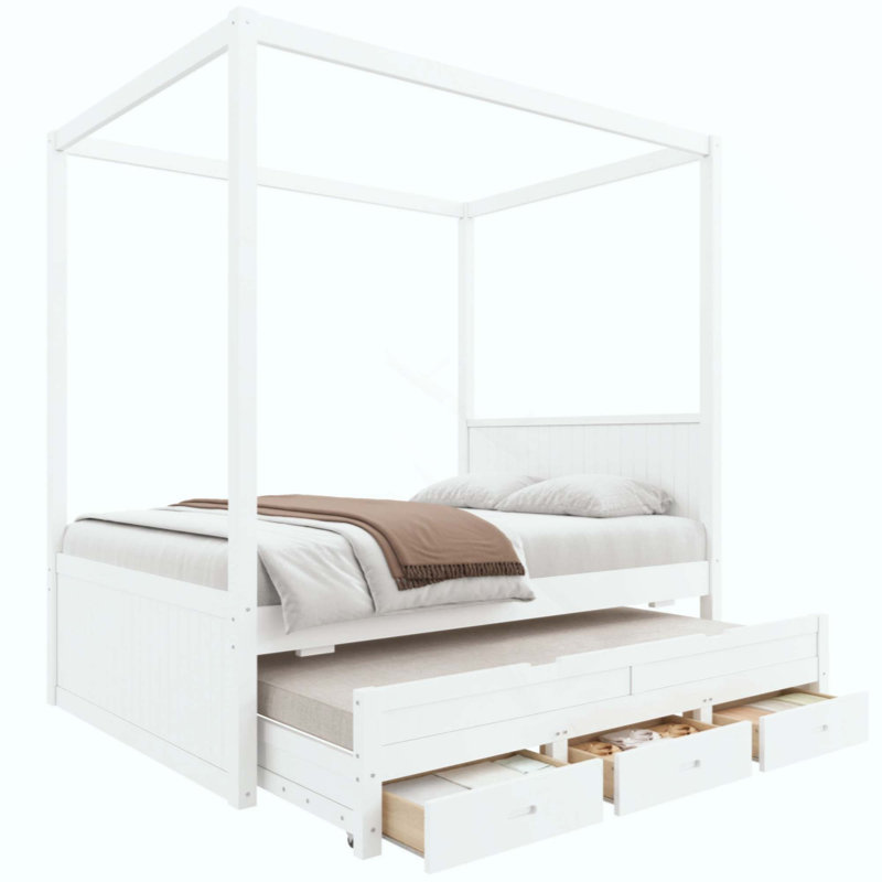 Lit plateforme à baldaquin avec lit gigogne, 3 tiroirs de rangement, tête de lit, Full / Double, White