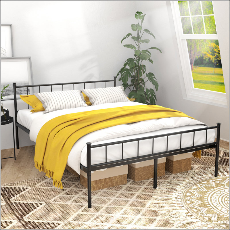 Structure de lit double avec tête de lit, pied de lit, rangement sous le lit et aucun sommier tapissier, structure stable en noir