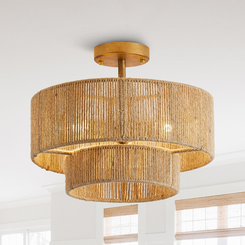 15.4" 3 - Light Boho Rope 2-Tier Drum Dimmable Semi Flush Mount Ceiling Lights