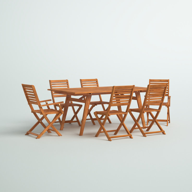 7 Piece Patio Bistro Dining Set Consist of a Rectangle Outdoor Acacia Wood Table and 2 Folding Arm Chairs with 4 Side Chairs, 40x72 Inch, Natural Oil