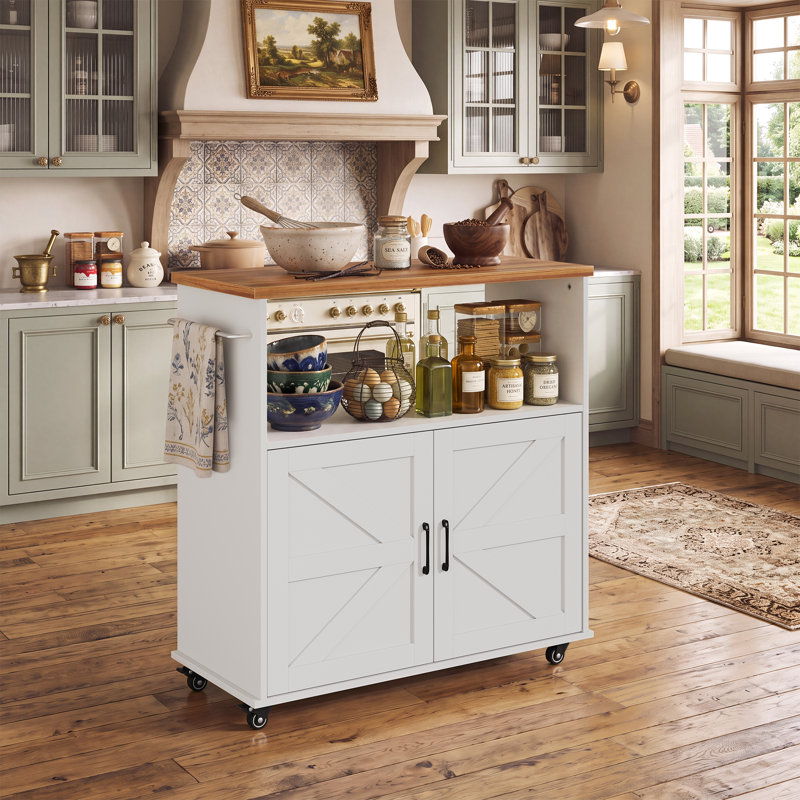 35.4'' Rolling Kitchen Island with Butcher Block Top, Storage Cabinet & Locking Wheels – White, White