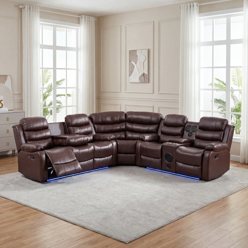  3-Piece Manual Reclining Sectional With LED Lights, Bluetooth Console And Drop-Down Table - Faux Leather Sofa, Brown