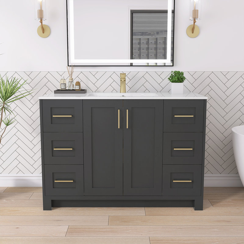 48" Single Bathroom Vanity Set in Dark Gray With Solid Surface Top (Assembled)