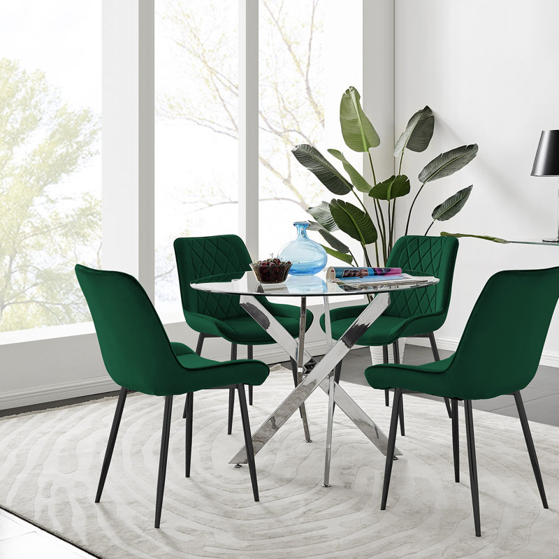 Tierra Modern Metal & Glass Round Dining Table Set with 4 Luxury Velvet Dining Chairs, Green/Black