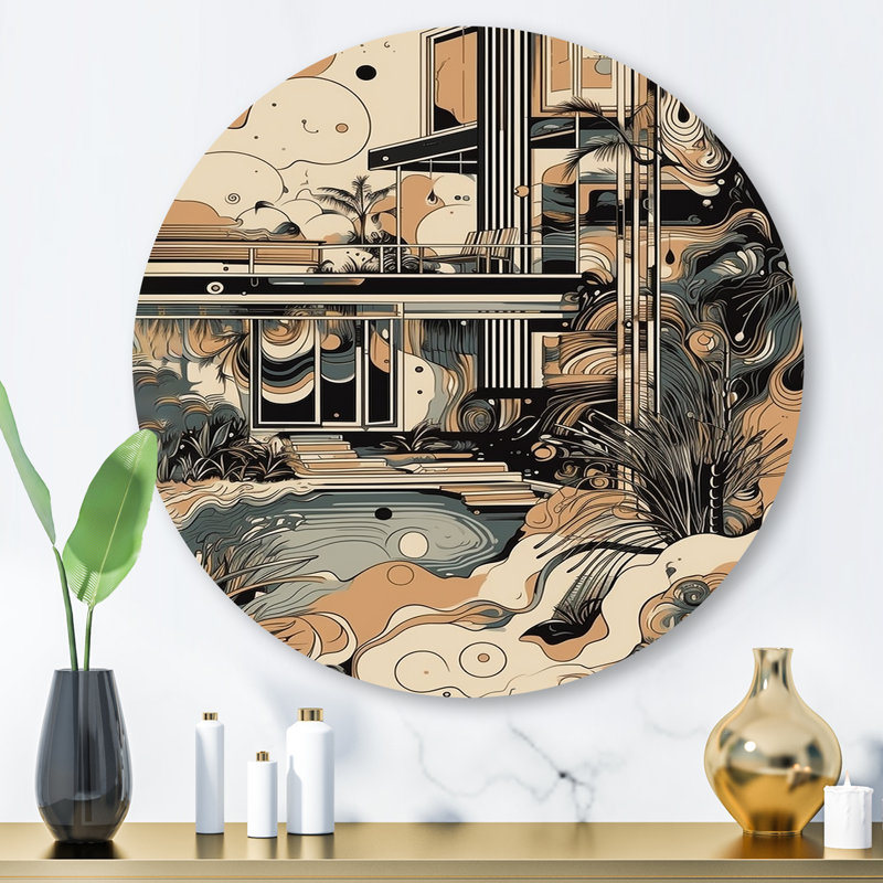 Art mural rond noir et gris sur horizon I - paysages abstraits sur métal, H 23 po x l 23 po x P 1 po