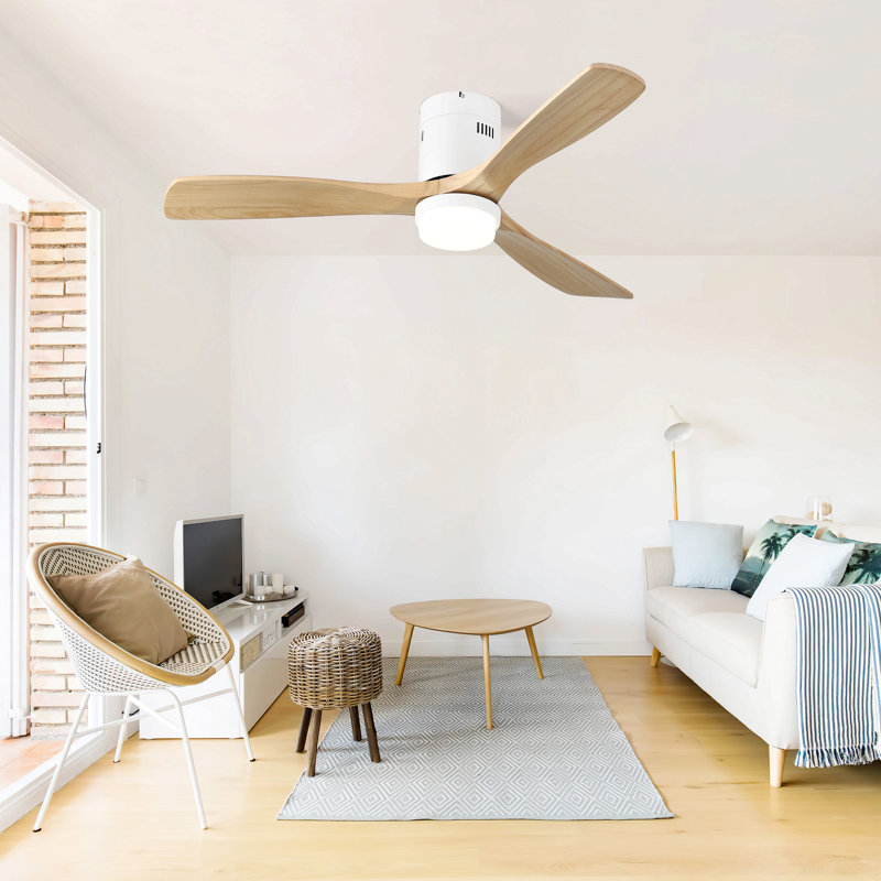 52 Inch Wooden Ceiling Fan With 18W Led Light 3 Solid Wood Blades Remote Control Reversible Dc Motor For Home, Natural, White
