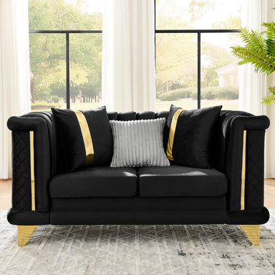 Velours de luxe de style Mid-Century de style victorien de 69 pouces avec acier inoxydable doré et 3 coussins pour le salon principal