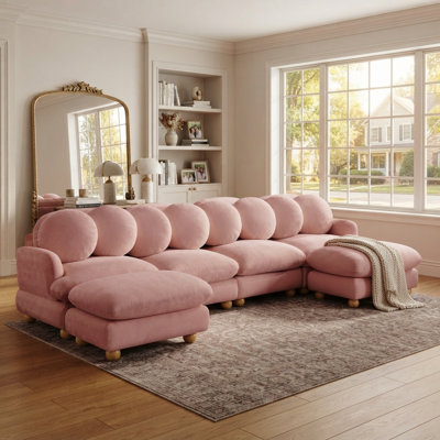 Ensemble de salon modulaire 6 pièces en chenille avec 2 poufs, 8 coussins ronds et pieds en bois massif, rose poudré