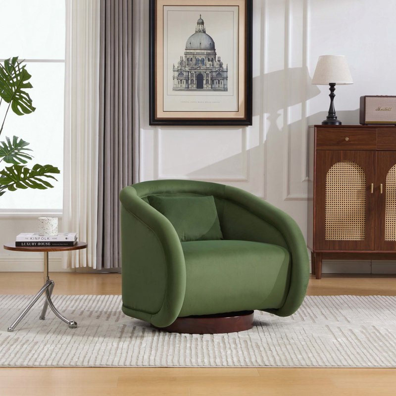 Fauteuil demi-tonneau pivotant en velours en forme de citrouille - base en bois massif - pivotant sur 360 °, Vert