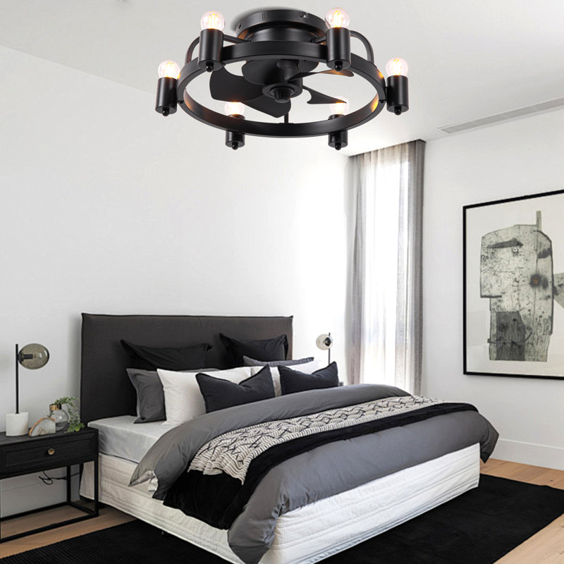20" Black Flush Mount Ceiling Fan with Light and Remote Control, 6 Speeds, Reversible DC Motor, Timer Chandelier