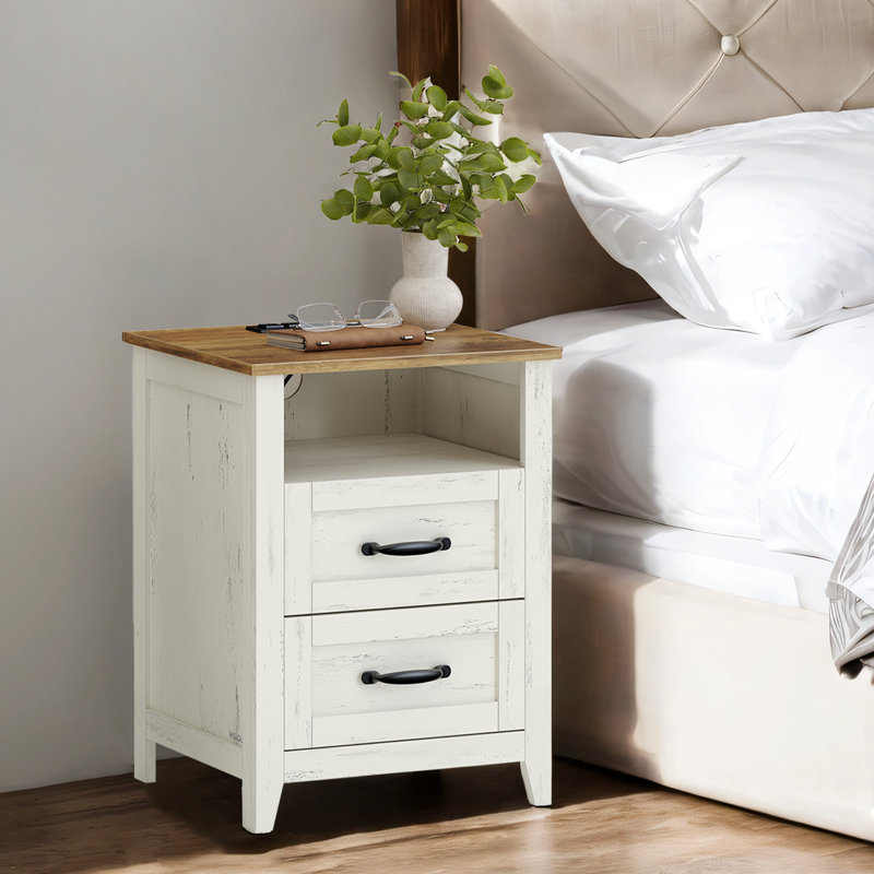 Allenside 18" W Nightstand With Charging Station, Rustic White/Honey Brown, Individual