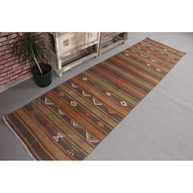 Tapis turc rétro vintage vert Kilim avec des motifs complexes, idéal pour la décoration d'escalier et les décorations de chambre
