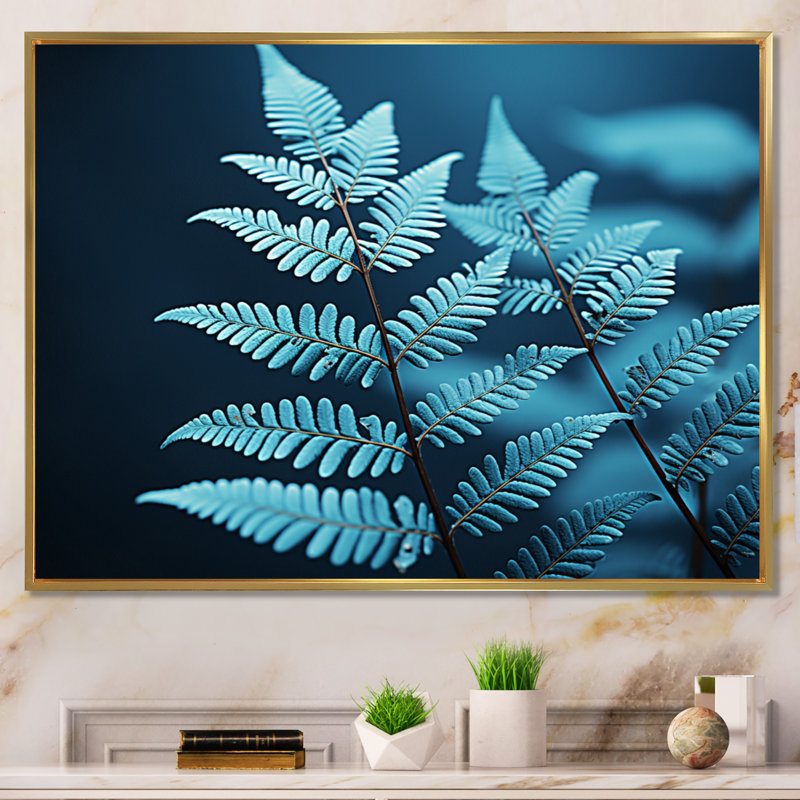 Ferns Turquoise Whimsy III - imprimé, Cadre flottant doré, H 34 po x l 44 po x P 1,5 po