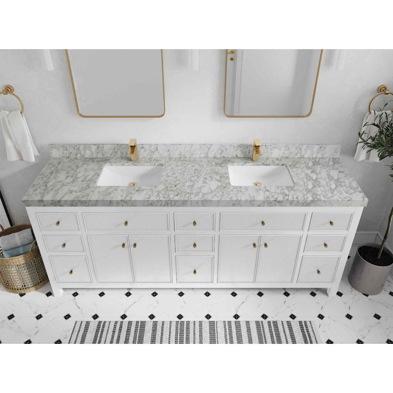 84'' Double Bathroom Vanity with Top, White, Carrara Marble White