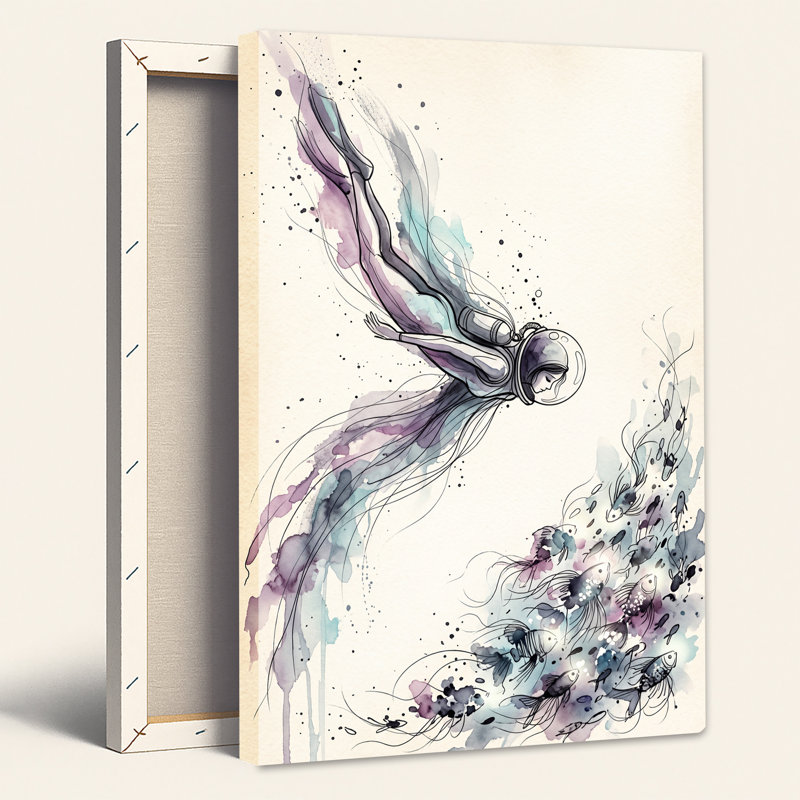 Art mural sur toile, aquarelle flottante et poisson, 36"H x 24"W