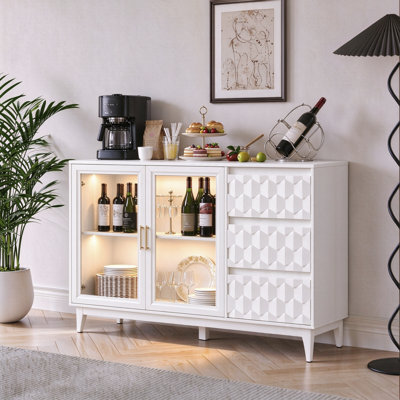 Buffet l 47,2 "avec 3 tiroirs, buffet avec porte vitrée et lumière DEL